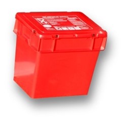 Photo of a large red container for collection of chemical waste