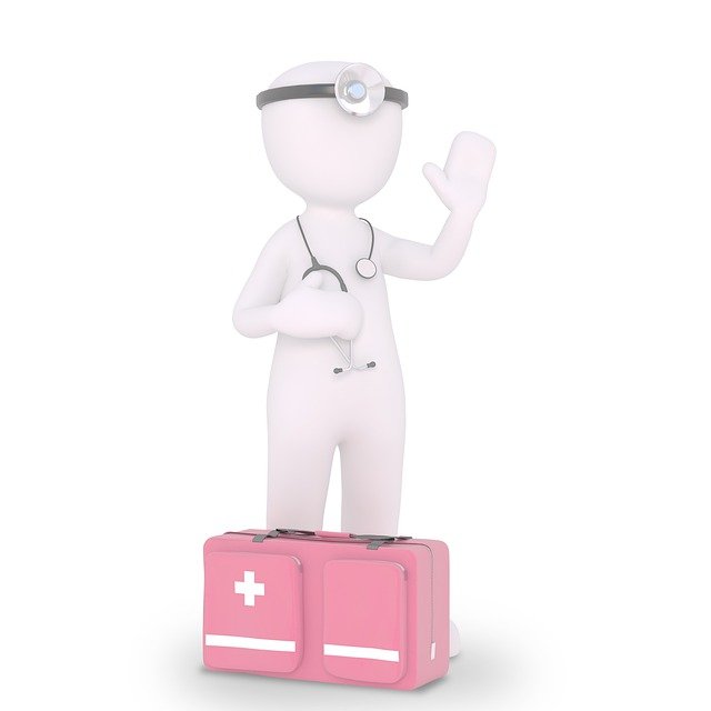 illustration of medical personal standing next to a medical kit