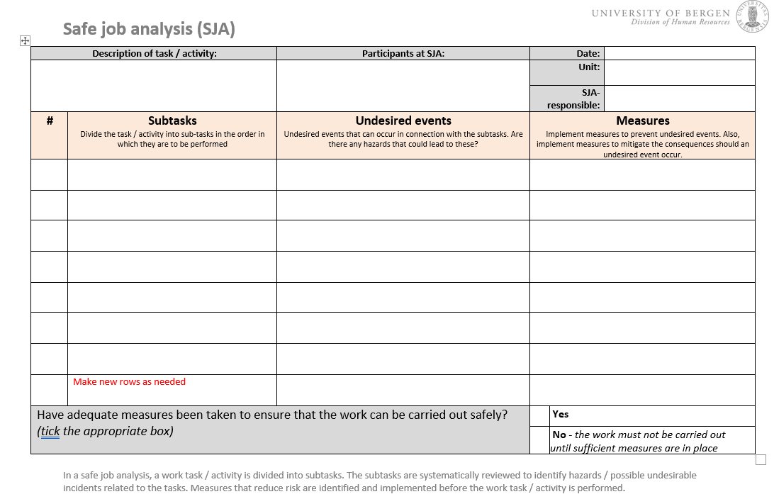 screenshot of the Safe job Analysis form